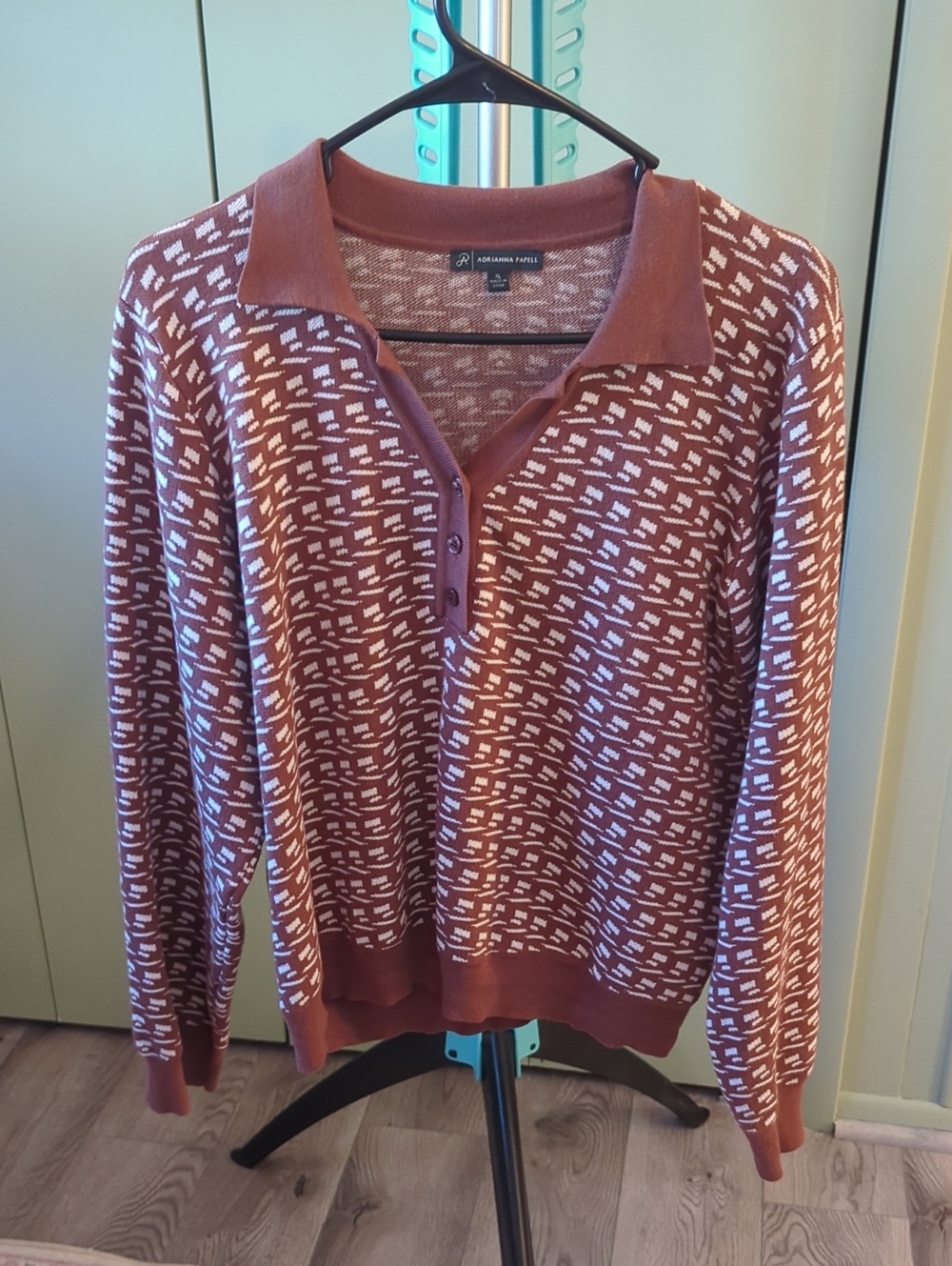 Adrianna Papell Brown and White V-Neck Polo Sweater